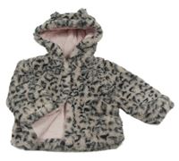 Pudrovo-černý kožešinový podšitý leopardí kabátek s kapucí Tu