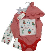 Nové - 3 set - červené pruhované vánoční body + bílé lehké tepláky + červená pruhovaná čepice F&F
