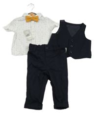 Nové - 3 set - tmavomodré spoločenské kalhoty + biela košeľa s motýlkem + spoločenská vesta Primark
