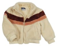 Smotanová huňatá podšitá bunda s ružovymi pruhmi kiabi