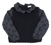 Tmavomodrý vzorovaný sveter s madeirovými rukávy a golierikom Next