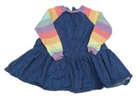 Modré riflové šaty s barevnými pruhovanými teplákovými rukávy Next