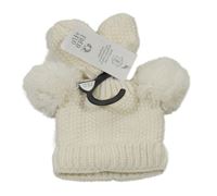 Nové - 2 set - smetanová pletená podšitá čepice s bambulemi + rukavice F&F