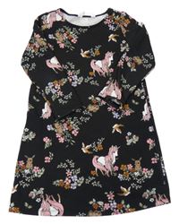 Čierne teplákové šaty s jednorožcami a vtáčky H&M