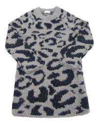 Sivo-čierne chlpaté svetrové šaty s leopardím vzorom Next