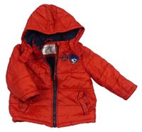 Červená šušťáková prešívaná zimná bunda s nášivkami a kapucňou Mothercare