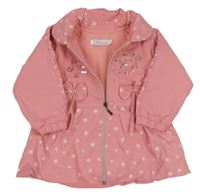 Ružový šušťákový zateplený kabát s motýlikmi a mašlou
