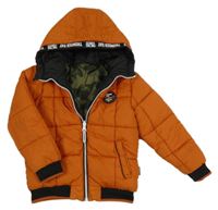 Oranžová šušťáková zimná obojstranná bunda s kapucňou a nášivkou