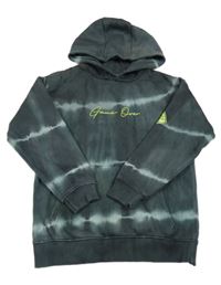 Antracitovo-zelená pruhovaná mikina s nápisom a kapucňou