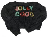 Čierny chlpatý crop sveter s nápisem z flitrů