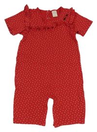 Červený puntíkatý kraťasový overal s beruškou a volánky 