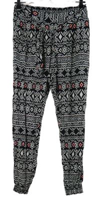 Dámské černo-bílo-růžové vzorované volné kalhoty s páskem Tom Tailor