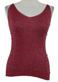 Dámský karmínový třpytivý pletený top s korálky 