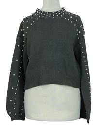 Dámsky sivý crop sveter s perličkami Shein