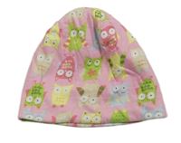 Ružová bavlnená obojstranná čapica so sovičkami