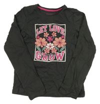 Tmavošedé triko s kytičkami a nápisem Primark