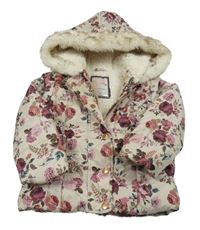 Světlebéžová šusťáková zimní parka s růžemi a kapucí s kožešinou F&F