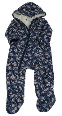 Tmavomodrá květovaná šusťáková lehká zateplená kombinéza s kapucí Primark