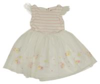 Bílo-světlerůžové pruhované slavnostní šaty s tylovou sukní s květy 