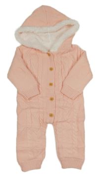 Lososová pletená zateplená kombinéza se vzorem a kapucí 