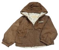 Hnedá šušťáková jarná bunda s nápisom a kapucňou