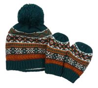 2set - Zeleno-barevná vzorovaná pletená čepice + rukavice Mothercare