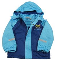 Tmavomodro-tyrkysová šušťáková jarná bunda s monster truck a kapucňou Impidimpi