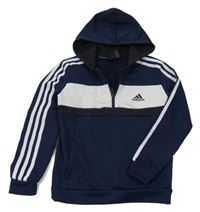 Tmavomodro-biela prepínaci športová mikina s logom a kapucňou Adidas