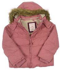 Ružová pruhovaná šušťáková zimná bunda s kapucňou s kožešinou FAT FACE