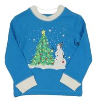 Modro-biele rebrované pyžamové tričko s vánočním stromčekom a sněhuláčkem LEIGH TUCKER