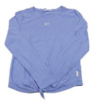 Modrofíalové crop triko s nápisem a uzlem TOM TAILOR