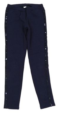 Tmavomodré teplákové zateplené tregíny s pruhem s flitry YIGGA