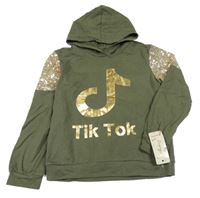 Nové - khaki mikina se zlatým logem - Tik Tok a flitry a kapucí