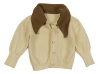 Vanilkový rebrovaný pletený prepínaci sveter s hnedým golierikom a uškami