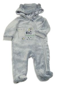 Modro-biela plyšová kombinéza s medvedíkom a kapucňou s uškami BABY