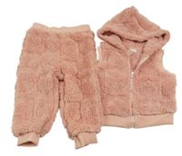 2Set - Svetloružová chlpatá vesta so srdiečkami a kapucí + nohavice