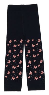 Tmavomodré thermo punčocháče bez šlapiček s motýlky a puntíky