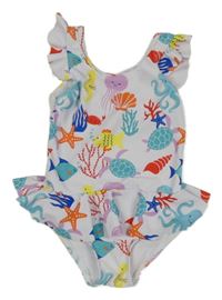 Bílé jednodílné plavky s mořskými živočichy a volánky