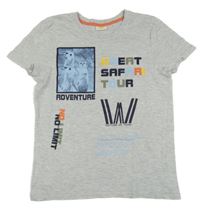 Svetlosivé melírované tričko so surikatami a nápismi Kids