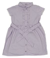 Levandulovo-bílé kostkované šaty s volánky a límečkem a zavazováním Tu