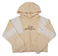 Světlekaramelovo-biela crop mikina so zlatými metalickými nápisy a kapucňou ZARA