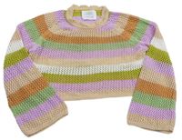 Farebný pruhovaný ľanový perforovaný crop sveter Zara