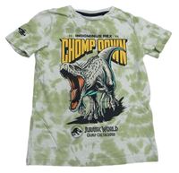 Zeleno-biele batikované tričko s nápisom a dinosaurem Jurský svět Tu
