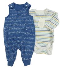 2set - Modré laclové tepláky s dopravními prostředky + smetanovo-barevné pruhované body Miniclub
