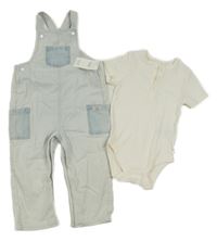 Nové - 2set - Světlemodro-bílé pruhované laclové rifle s kapsami + smetanové body s knoflíky M&S