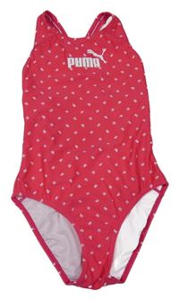 Jahodové jednodílné plavky s písmeny a logem Puma
