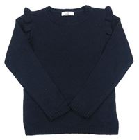 Tmavomodrý pletený sveter s volánikmi