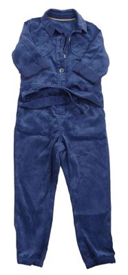 Modrý sametový žebrovaný kalhotový overal s páskem a límečkem Nutmeg