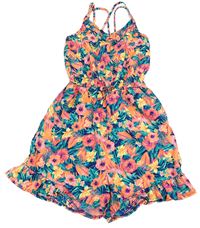 Oranžovo-zelený květovaný lehký kraťasový overal Primark
