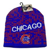 Nové - modro-červená vzorovaná pletená čepice s nápisem - Chicago